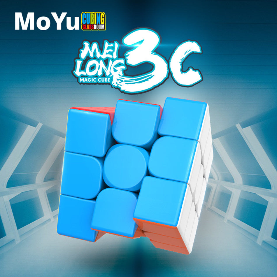 A blue and orange stickerless 3x3 magic cube puzzle is shown in a 3D rendering.