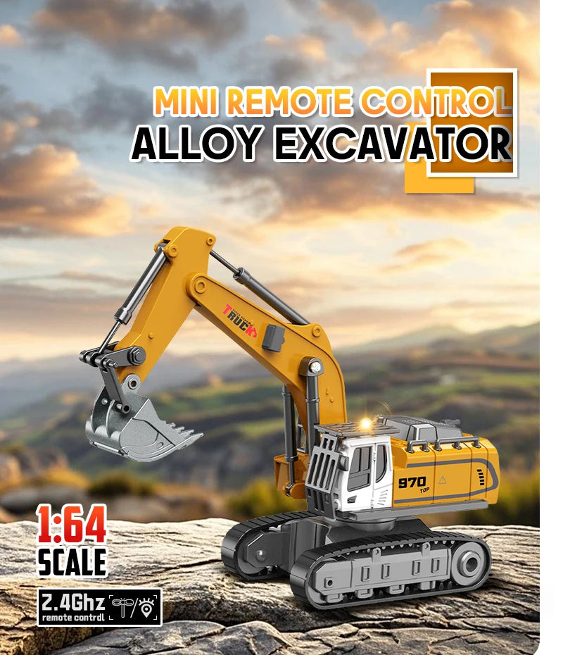 A yellow 1:64 scale mini remote control alloy excavator with a working claw and light on a rocky terrain.