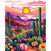 A vibrant painting of a desert landscape at sunset featuring pink, purple, and orange hues with cacti and mountains.