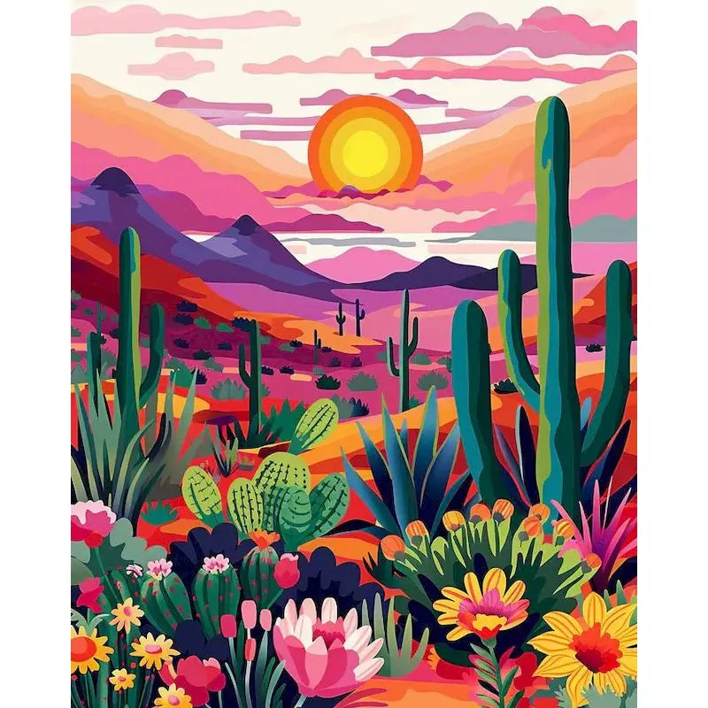 A vibrant painting of a desert landscape at sunset featuring pink, purple, and orange hues with cacti and mountains.
