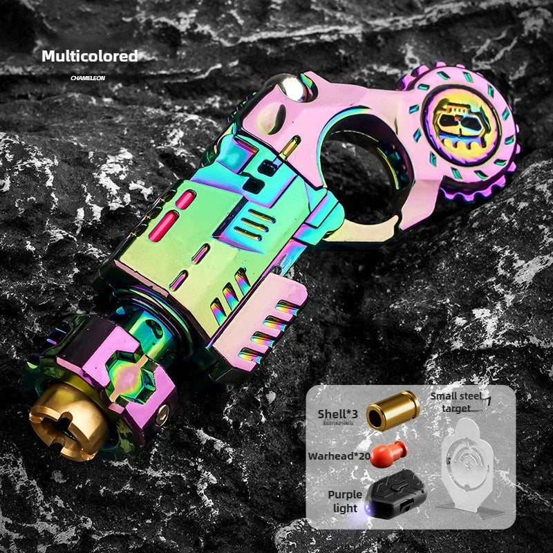 Multicolored alloy shell ejecting toy pistol and fidget spinner set resting on a dark surface