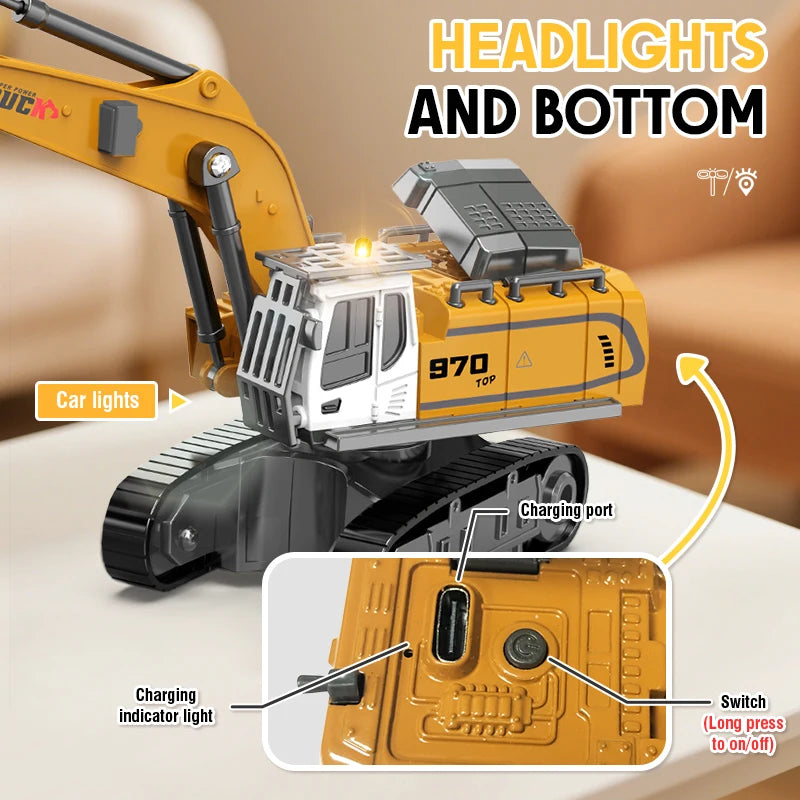 A yellow mini remote control excavator with headlights and bottom lights shown in a close-up view.