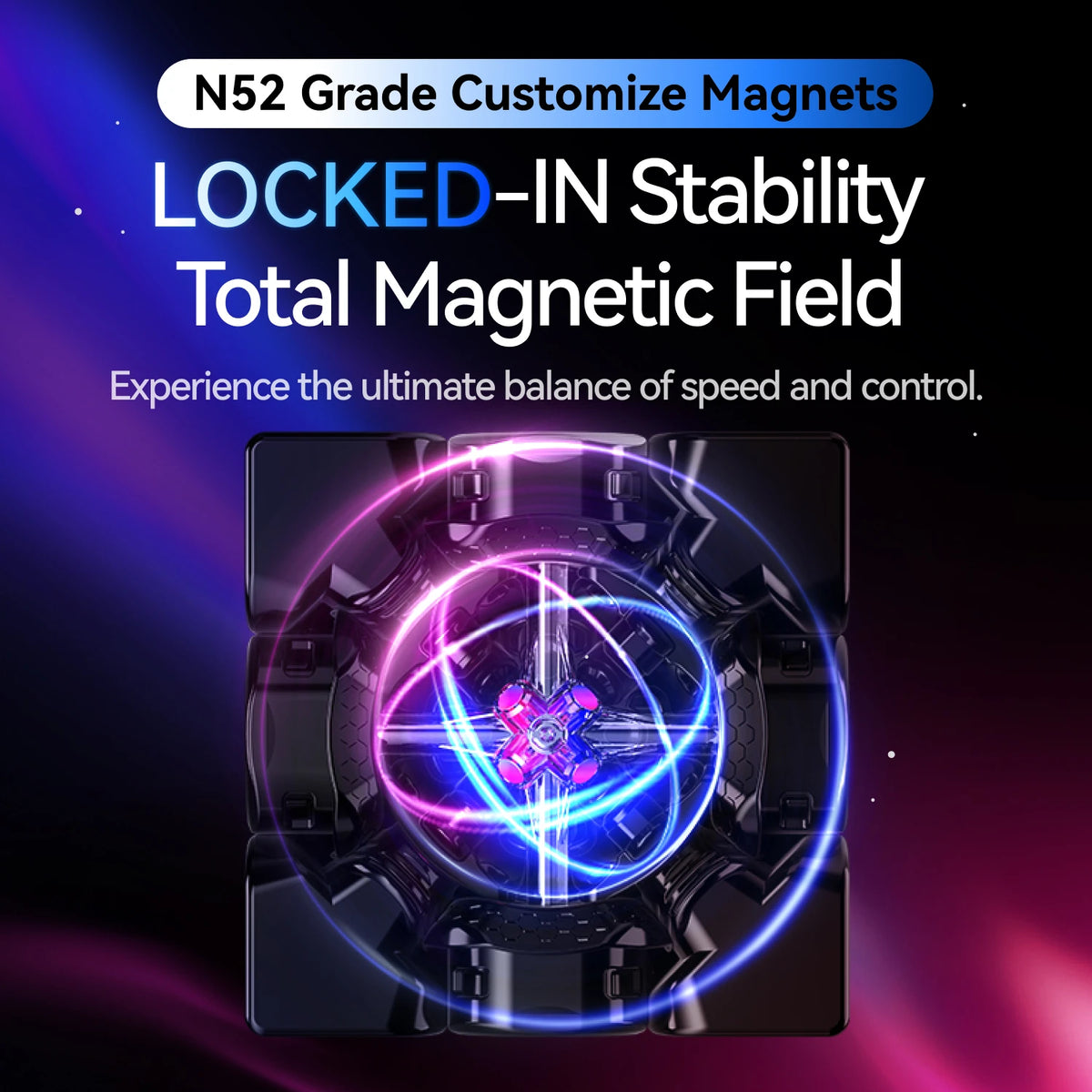 N52 Grade Customize Magnets for a magnetic speed cube showing a vibrant blue and purple magnetic field effect
