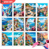 A collection of vibrant oil painting style images depicting coastal landscapes, architecture, and seascapes.