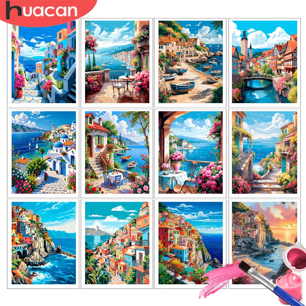 A collection of vibrant oil painting style images depicting coastal landscapes, architecture, and seascapes.