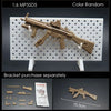 A 1:6 scale military submachine gun model kit displayed on a white pegboard with separate bracket parts.