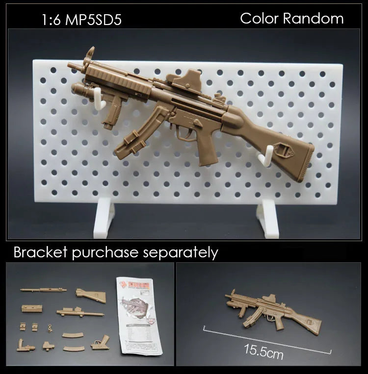 A 1:6 scale military submachine gun model kit displayed on a white pegboard with separate bracket parts.