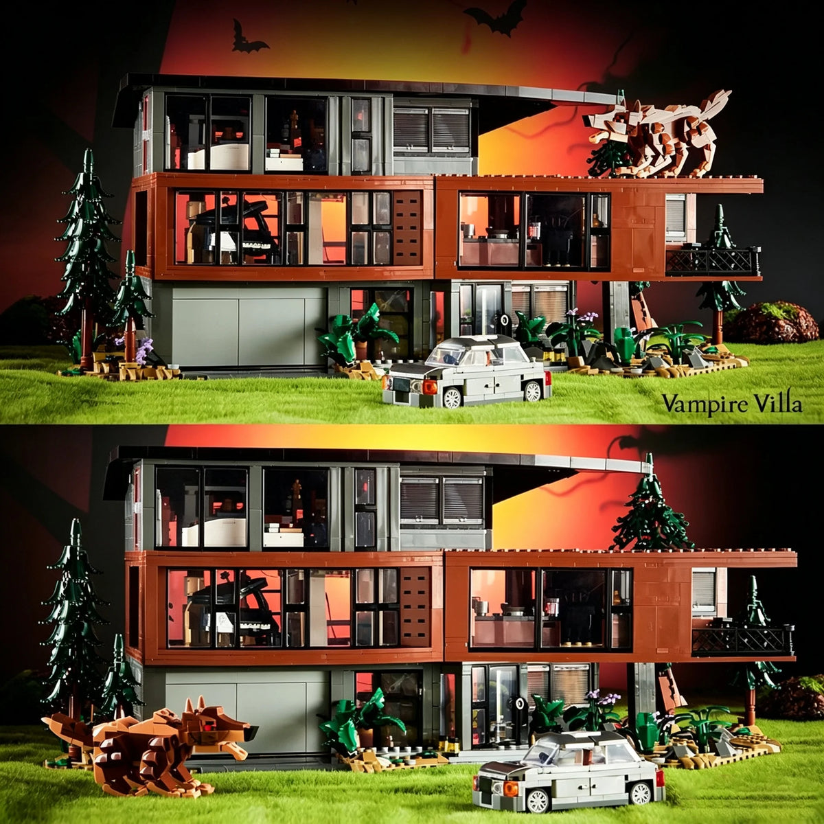 A detailed model of a haunted vampire villa built from building blocks featuring dark wood and green landscaping.