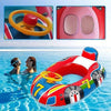 Red and yellow inflatable car-shaped baby pool float with a safety seat and handles floating in blue water