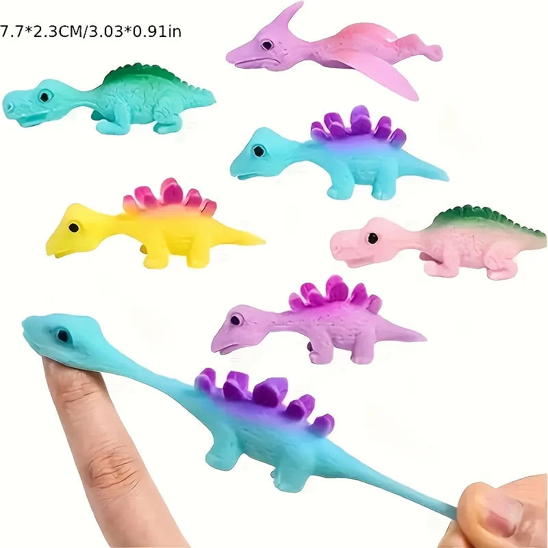 A collection of colorful mini dinosaur finger slingshots in various shades and colors shown against a white background.