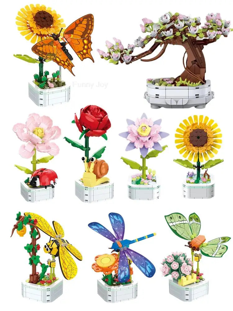 A collection of building block flowers and plants featuring roses, sunflowers, and various colorful blooms.