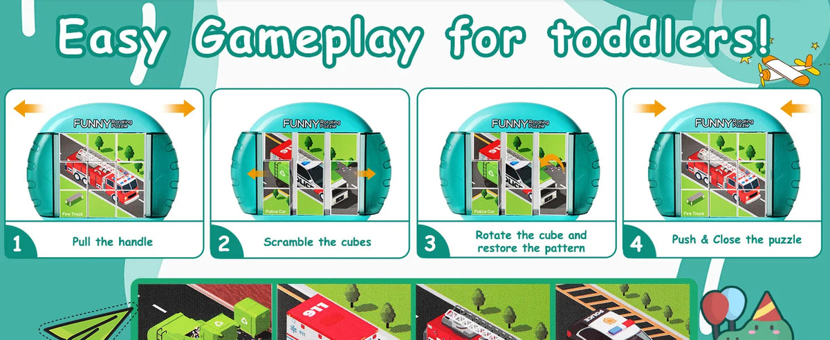 Four stages of gameplay for toddlers using a rotating puzzle toy.