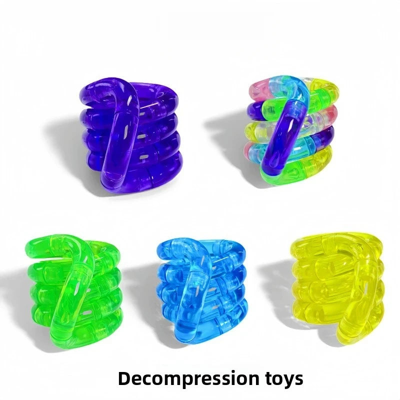 A collection of colorful crystal fidget twist rope toys in various shades including purple, blue, green, and yellow.