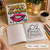 An open adult coloring book page featuring a line drawing of a handbag with the text Bitch Please