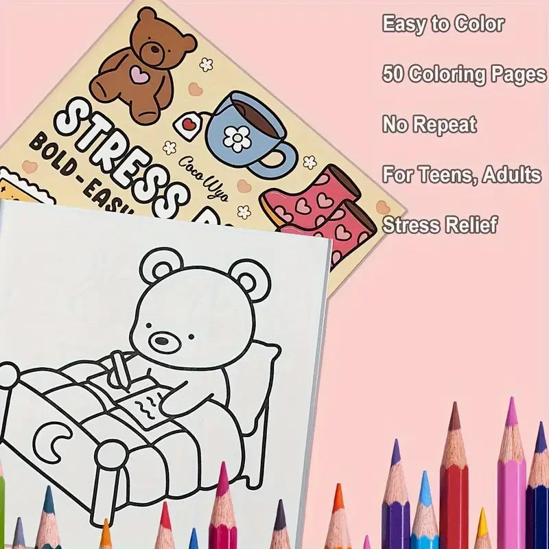 A coloring page featuring a bear sleeping in bed, with crayons and pencils visible below.