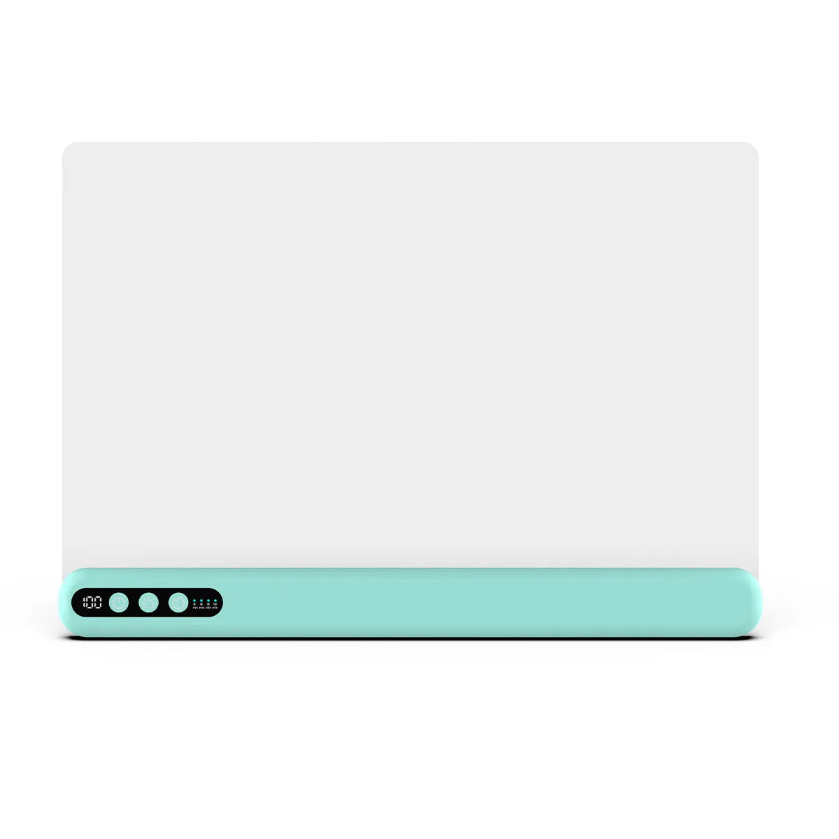 A white rechargeable LED drawing board with a light mint green base and power button indicators.