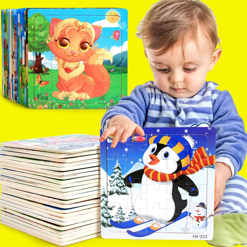A baby is looking at a jigsaw puzzle featuring a cartoon fox and other animals.