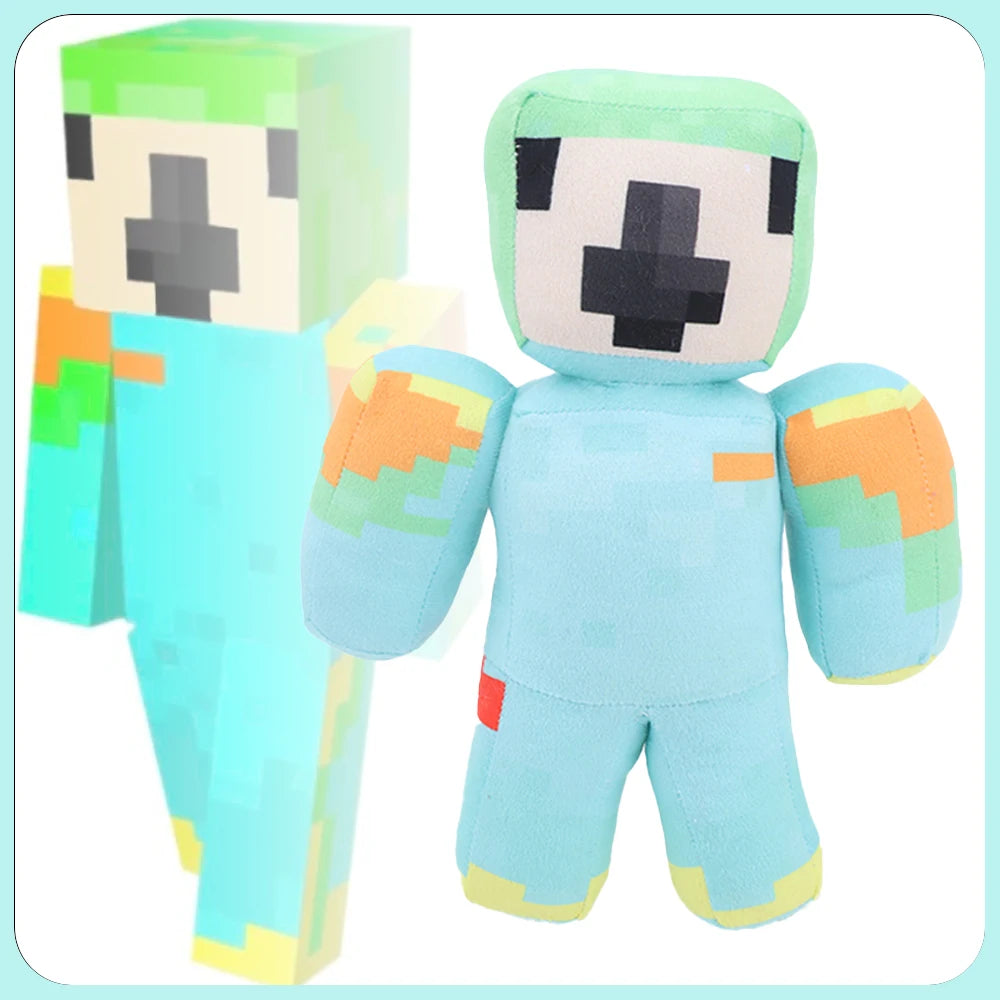 A light blue plush toy resembling a Minecraft character with a green head and body.