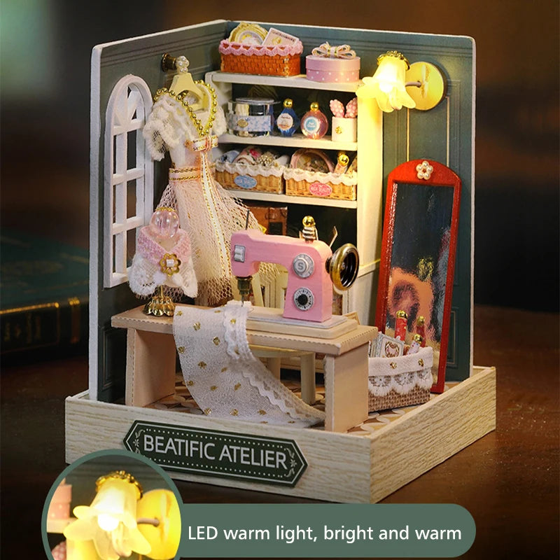 A wooden miniature dollhouse kit featuring a lighted display with various figures and accessories.