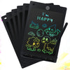 A black LCD writing tablet displaying the text I'm HAPPY in neon green, with various dinosaur and monster illustrations.