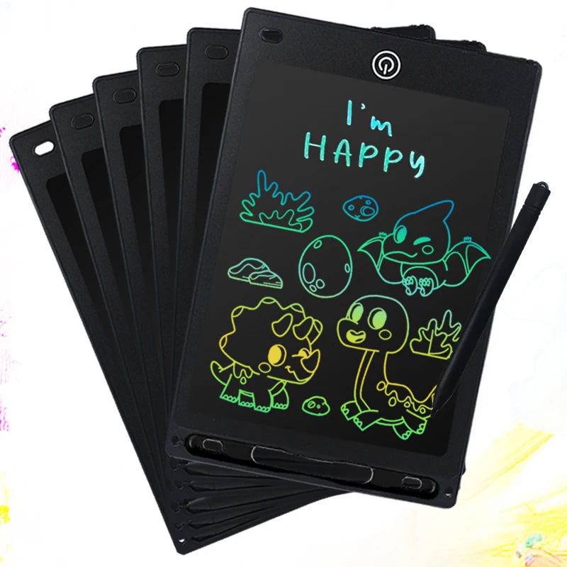 A black LCD writing tablet displaying the text I'm HAPPY in neon green, with various dinosaur and monster illustrations.