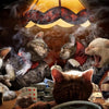 A group of cats gathered around a table with a jigsaw puzzle in the foreground.