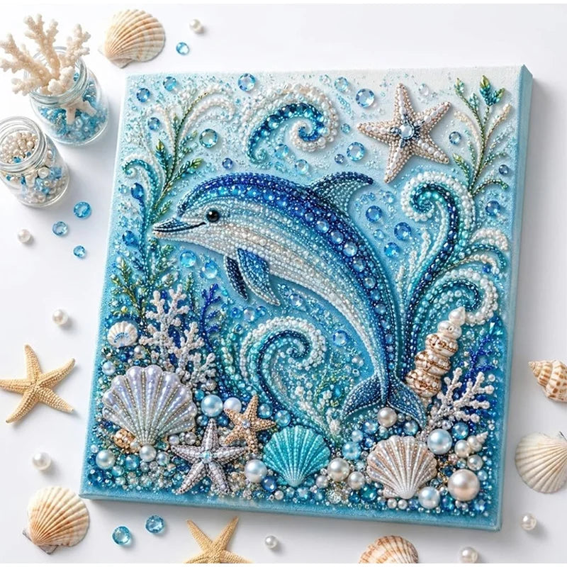 Diamond art kit featuring a blue shark and sea turtle design on a clear background
