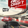 A red 1:64 scale 4WD drift car is shown in motion on a track with blurred background and racing graphics.