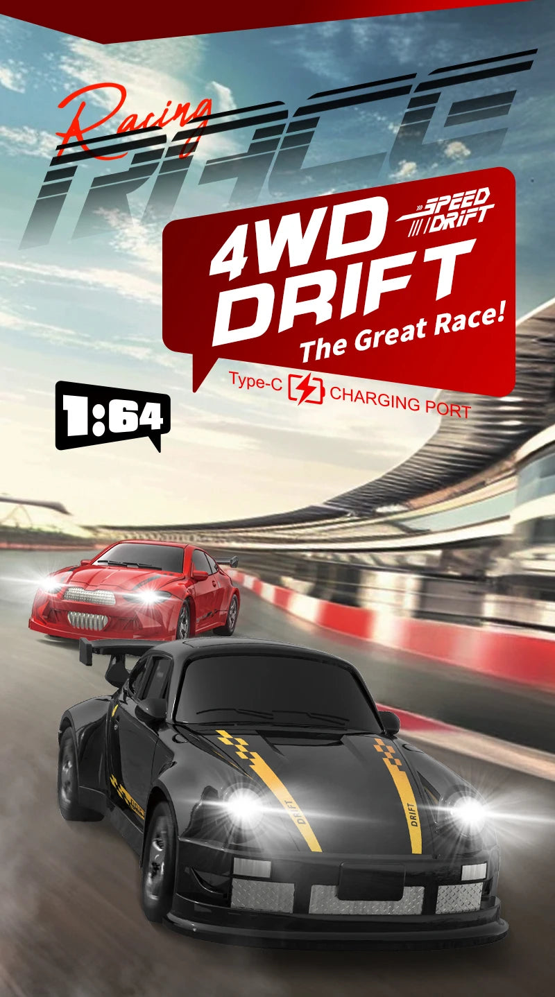 A red 1:64 scale 4WD drift car is shown in motion on a track with blurred background and racing graphics.