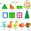 A collection of magnetic building blocks featuring dinosaur and animal figures in various shapes and colors.