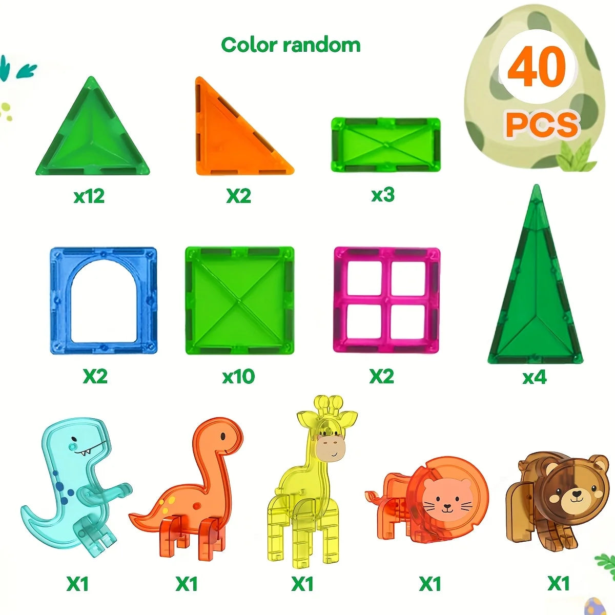 A collection of magnetic building blocks featuring dinosaur and animal figures in various shapes and colors.