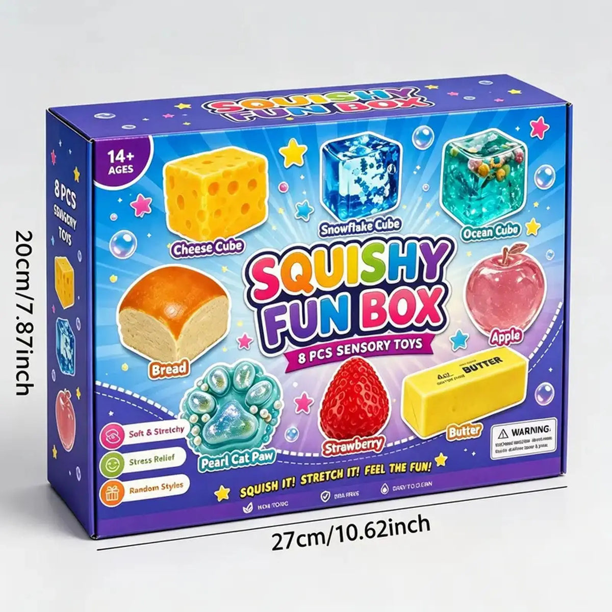 A box of Squishy Fun Box containing 8 sensory toys including cheese, bread, strawberry, and apple cubes.