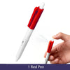 A hand is holding a red pen and spraying water from the tip onto a white surface.