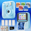 A light blue instant print camera is shown with film cartridges and printed photos.