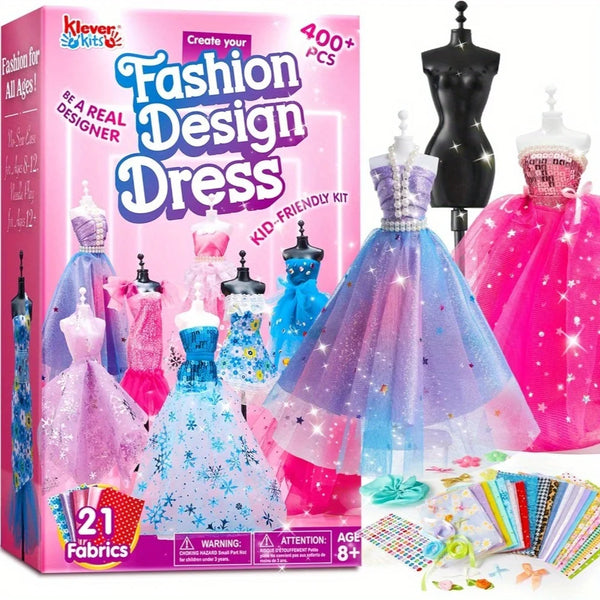 Karton mit einem Kinder-Modedesign-Kleid-Nähakit, das verschiedene Stoffteile und Zubehör zum Erstellen eines Kleides enthält