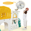 A yellow and white toddler playset featuring a basketball hoop and a castle structure for indoor and outdoor fun.