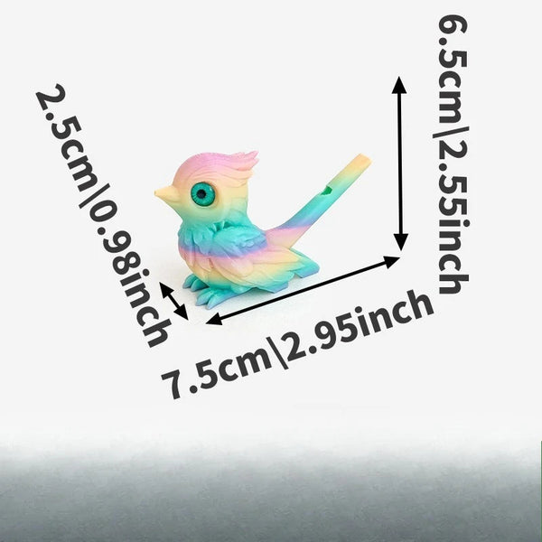 A colorful, water-activated 3D printed bird whistle toy shaped like a small bird.