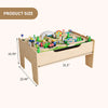 A wooden train table set featuring a reversible activity top and storage drawer with various train-themed elements.