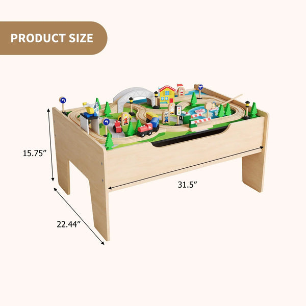 Ensemble de table de train en bois avec plateau réversible et tiroir de rangement, éléments ferroviaires.