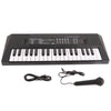 A black 37-key portable electric keyboard piano with a microphone and cables.