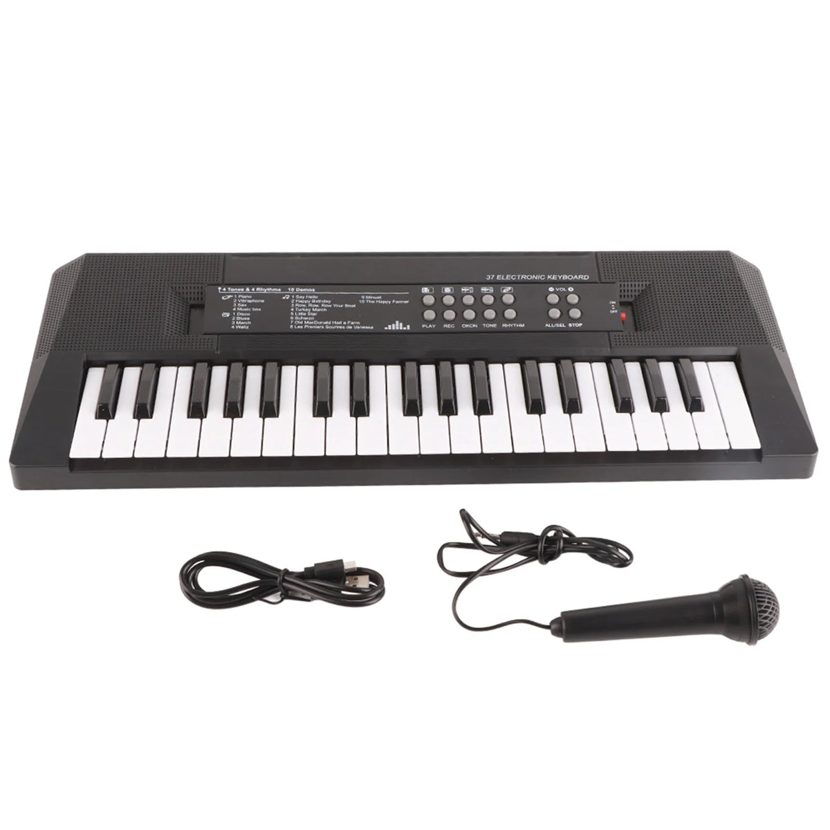 A black 37-key portable electric keyboard piano with a microphone and cables.