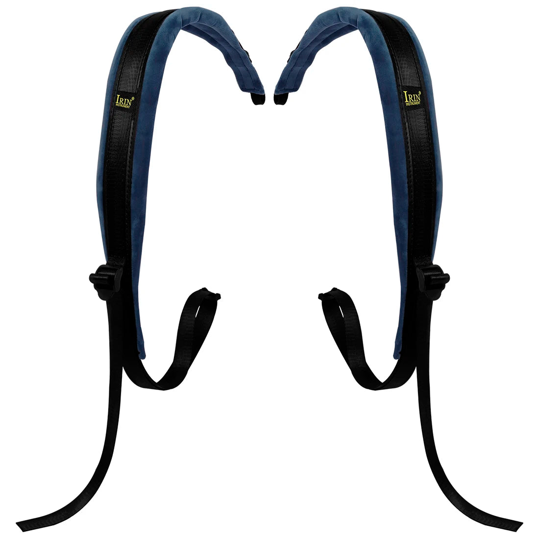 A pair of blue and black professional adjustable accordion straps.
