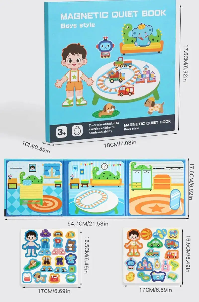 A box of a magnetic quiet book for boys style featuring colorful wooden figures and puzzles.
