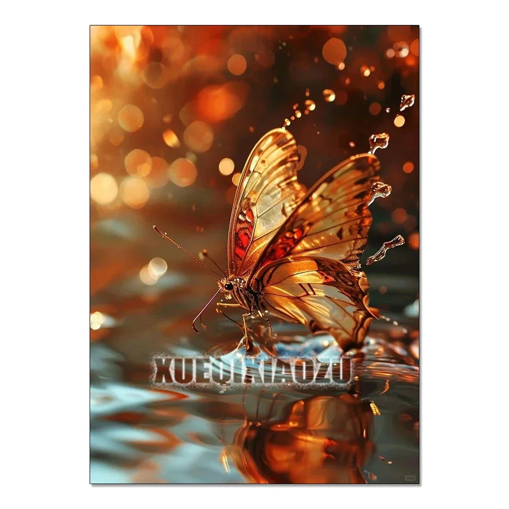 A close-up of a translucent orange and brown butterfly resting on water, with reflections and bokeh lights in the background.
