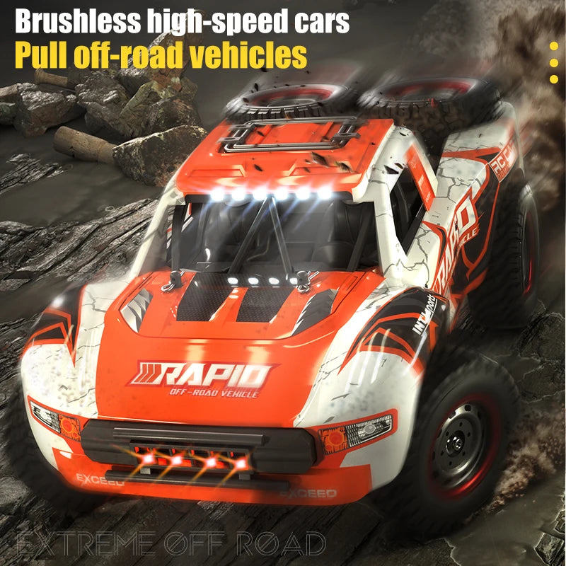 Orange and white brushless high-speed off-road RC monster truck driving over rocks.