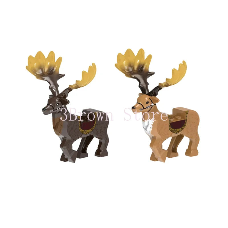 A set of six brown and tan African wildlife animal building blocks featuring deer and antelope models.