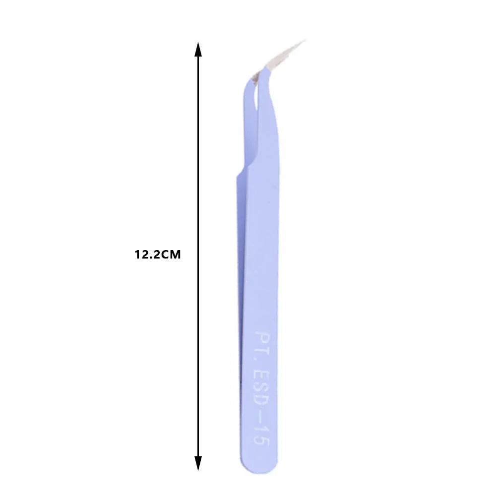 A vertical view of a pair of light purple precision stainless steel tweezers.