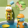 A cute yellow duck bath toy with a blue suction cup waterwheel is shown above a bathtub.
