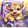 A fluffy golden Highland calf is depicted in a purple vehicle surrounded by purple and yellow flowers.