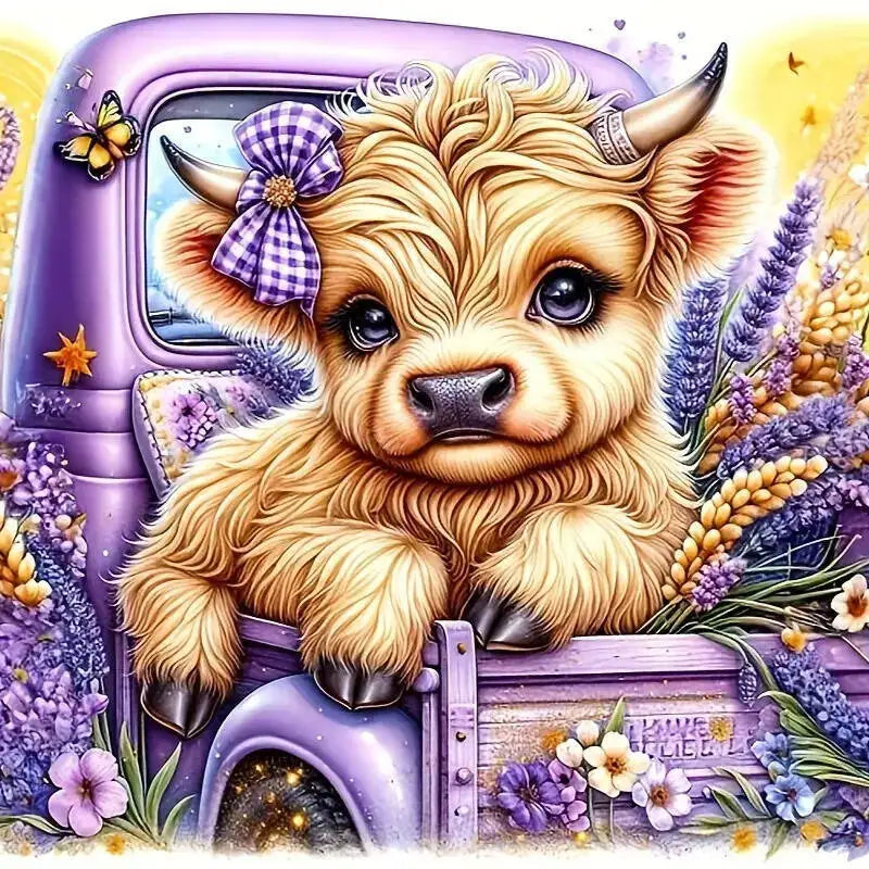 A fluffy golden Highland calf is depicted in a purple vehicle surrounded by purple and yellow flowers.